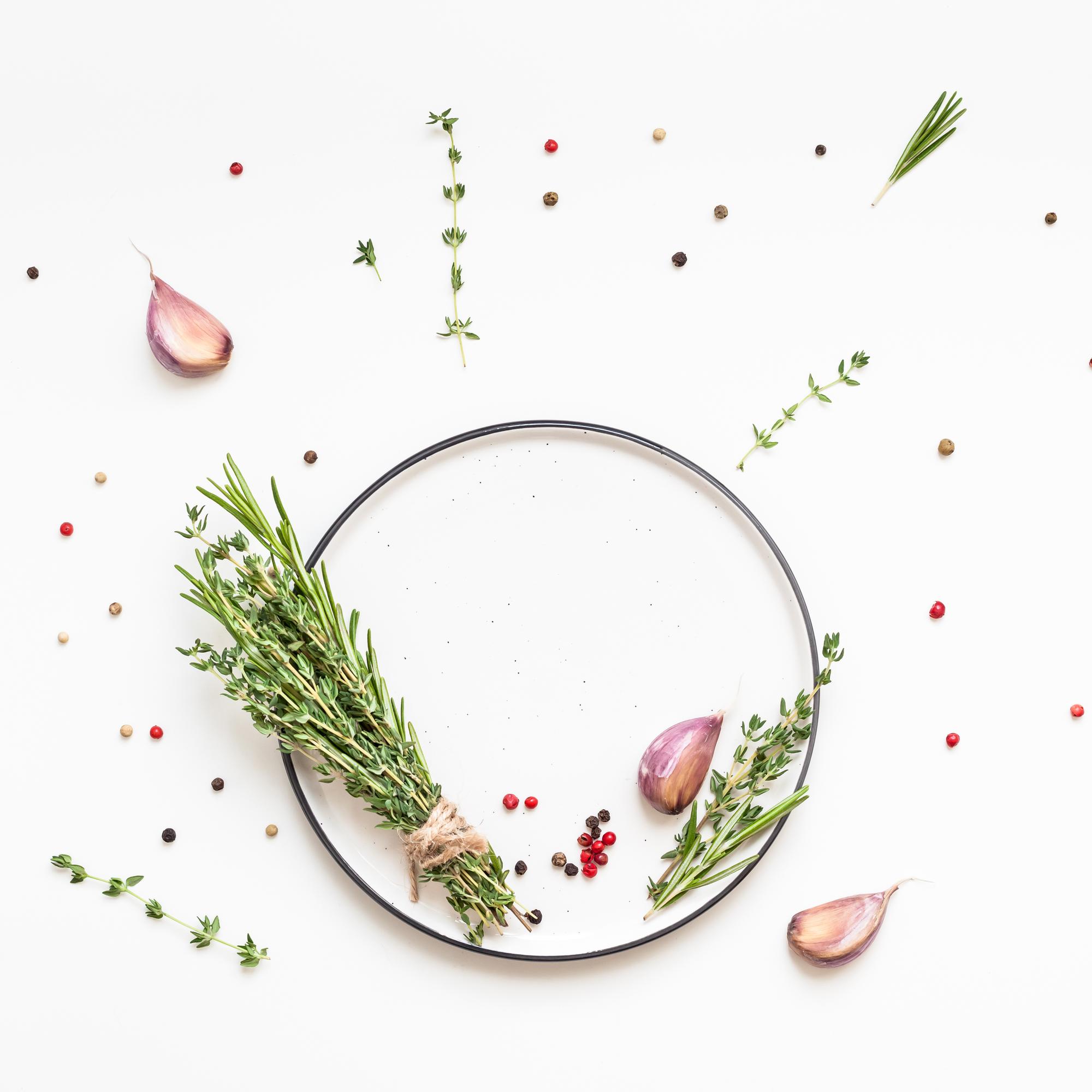 Overhead spices and herbs composition